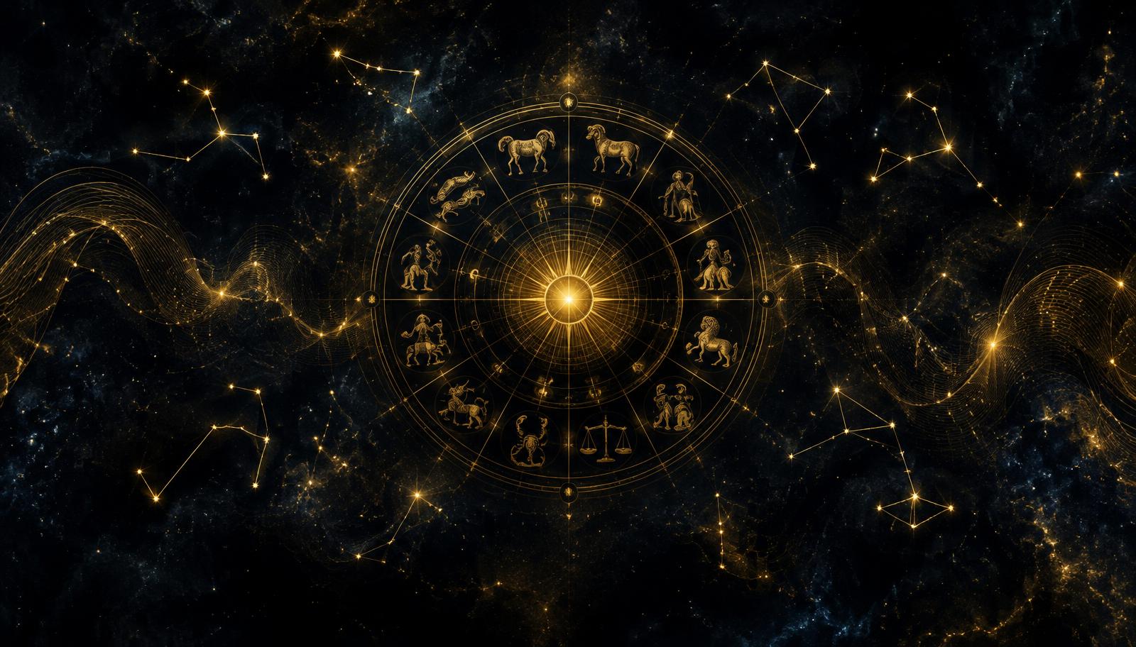 Golden zodiac wheel among constellations